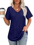 OFEEFAN Tunics or Tops to Wear with Leggings V Neck Short Sleeve Loose T Shirts Lightweight Summer Beach Vacation Outfits for Women Basic Tees Clothes Navy Blue 2XL