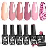 Beetles Purple Gel Nail Polish Set, 6 Colors Nude Deep Purple Pink Glitter Gel Polish Confetti Collection Soak Off Uv Led Nail Art Manicure Kit Gifts for Women
