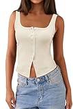 LUXVEER Women Square Neck Crop Tank Tops Sexy Y2K Summer Sleeveless Button Down Knit Fitted Shirts Trendy Casual Cute Blouses Lace Going Out Spring Tops Camisole Vest Beige