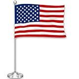 G128 American USA Deluxe Desk Flag Set | 8.5x5.5 In | Printed 300D Polyester, with Silver Dome and Base, 15" Metal Pole, Decorations For Office, Home and Festival Events Celebration