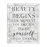 Stupell Industries Beauty Begins Once You Decide to Be Yourself White Marble Typography, Design by Daphne Polselli Wall Art, 16x20, Black