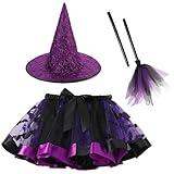 Happy Cherry Toddler Girl Witch Tutu Skirt Set with Hat Broomstick Kid Baby Halloween Costume Set 3 Pcs Purple Wizard Tulle Mini Skirt Set, 4-6 Years