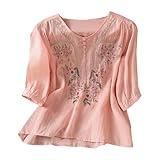 Lightning-Deals Of Today-Prime Orders-My Summer Tops For Women 2025 Vacation Trendy 3 4 Sleeve Boho Tops Bohemian Embroidered Round V Neck Shirts Casual Blouses Outfits Pink Womens Summer Outfits 2025