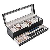 ProCase Watch Box for Men, 6 Slot Watch Display Case with Drawer, Mens Watch Case With Glass Lid, 2-Layer Jewelry and Watch Storage Watch Holder Organizer for Men Women -6 Slot, Black