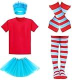 Popuid Girls Spirit Week Hairy Headbands Trolls Costume, Tutu Skirt, Red Tee for Back to School Day Team Cosplay (Light Blue, 5-7 Yrs)