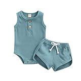 Ledy Champswiin Summer Newborn Baby Boy Girl Clothes Solid Color Knit Sleeveless Romper Tops Shorts Infant Unisex Waffle Outfit Set (Sleeveless Waffle Blue, 0-3 Months)