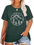 MK Shop Limited Women Sunset Pine Tree Plus T-Shirt Mountain Graphic Vintage Short Sleeve Tee Nature Travel Shirt Tops