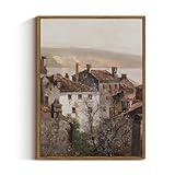 VIYYIEA Vintage Framed Canvas Wall Art, European Towns Landscapes Art, Living Room Hallway Bedroom Library Rustic Retro Neutral Decor, Antique Country Town Picture Paintings,12x16 Inch