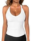 iGENJUN Womens Spaghetti Sleeveless V Neck Ribbed White Tank Tops for Women 2025 Backless Slim Fitted Soft Summer Basic Camisole Shirts,M,White