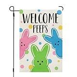 CROWNED BEAUTY Easter Welcome Peeps Garden Flag 12x18 Inch Double Sided for Outside Small Burlap Holiday Bunny Yard Flag