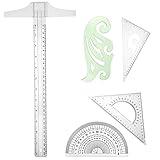 5 Pieces Drafting Tools Plastic Transparent Rulers Drawing Ruler 12 Inch T-Square 180 Degree Protractor, 2 Triangles and a French Curve for Students and Engineering Drawing