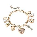 SILANER Gold Chain Link Bracelet - 7"+ 2" Extender 14K Gold Plated Love Locked Bracelets for Women, with Crystal, Love Heart,Key, Lock, Charm Bracelet