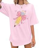 Teacher Shirts Women Bow Pencil Graphic Tee Back to School Teaching Life Shirt Teacher Appreciation Gifts Tops Pink