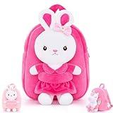 Gloveleya Kids Backpack Girl Backpack Toddler Girl Backpacks with Stuffed Bunny Toy Rose Red 9''