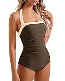 SUUKSESS Women Sexy Tummy Control One Piece Swimsuits Halter Slimming Retro Monokini Bathing Suits Color Block Swimwear (Beige Brown,S)