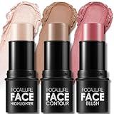 FOCALLURE 3 Pcs Cream Contour Sticks,Shades with Highlighter & Bronzer & Blush,Non-greasy Long-wear Face Contouring Pen,Easy to Sculpt the Face and Create a Lightweight Finishing Makeup,LIGHT-MEDIUM