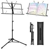 Music Stand New bee Foldable & Portable Metal Sheet Music Stand with Carrying Bag, Adjustable Podium Stand with Tripod Base and Sheet Music Folder - Black