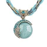 Harlorki Women Lady Handmade Retro Vintage Bohemian Style Twist Woven Rope Chain Turquoise Rhinestone Pendant Collar Necklace Fashion Jewelry