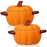 Uiifan 2 Pcs Pumpkin Bowl Ceramic Pumpkin Dish 17 oz Casserole Cookware Pot for Cooking Cute Safe Oven Pot with Lid Double Ear for Thanksgiving Autumn Fall Baking Halloween (Orange)