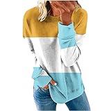 Womens Sweater Plus Size 2023 Winter Color Patchwork Sweatshirts For Women Loose Fit Long Sleeve Cute Sweatshirt Pullover Roundneck Fall Winter Shirt D2-Yellow X-Large