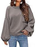 Zeagoo Fall Sweaters for Women Crew Neck Oversized Casual Long Lantern Sleeve Knitted Tops Pullover Winter Outfits Tea Grey S