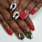 Black History Month Press on Nails Matte Graffiti Short Square Fake Nails 19th of June Black Liberation History Day Peace and Love Designs False Nails Juneteenth Acrylic Nails for Women Nail Art DIY