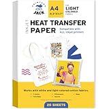 Printers Jack Iron-On Heat Transfer Paper for White and Light Fabric, 20 Pack 8.3x11.7 inch T-Shirt Transfer Paper for Any Inkjet Printer, Long Lasting Printing Transfer Paper for Heat Press