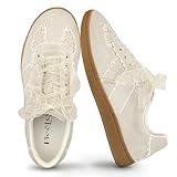 BeeLg Lace Detail Casual Sneakers for Women – Elegant Ribbon Lace Fashion Sneakers with Sued Leather Upper Memory Foam Insole Trendy Casual Shoes for Daily Outfits Beige