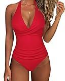 SUUKSESS Women Sexy Tummy Control One Piece Swimsuits Halter Push Up Monokini Bathing Suits (Red, L)