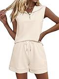 Glamaker Women's Two Piece Travel Short Sets Summer Lounge Track Suits Sleeveless Comfy Outfit Sweatsuits(Light Apricot,Medium)