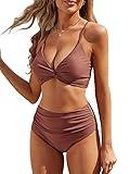 ZAFUL Twist High Waisted Bikini for Women Cross Lace Up Bathing Suit Ruched Bikini Swimsuits Tummy Control Swimwear Dust Pink S