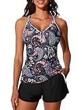 Summer Mae Modest Tankini Swimsuits for Women 2025 Two Piece Bathing Suits with Sporty Pockets Boy Shorts for Tummy Control Black Paisley Size 12