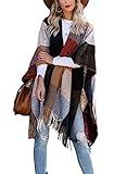 VIMPUNEC Women's Plaid Poncho Pashmina Shawl Wrap Cape Sweater Knitting Kimono Cardigan with Tassel
