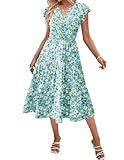 Zeagoo Summer Floral Sundress V Neck Midi Dresses Short Sleeve Boho Dress with Pockets Womens T Shirt Dress Casual Flare Dresses Womens Long Dress M