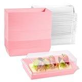 Leafiew 50 Pack 7.5x3.3 Inches Small Clear Treat Boxes-Dessert Boxes To Go-Disposable Paper Mini Containers for Cookie, Cake Slice, Charcuterie, Bakery, Pastry, Strawberry, Baked Goods Packaging(Pink)