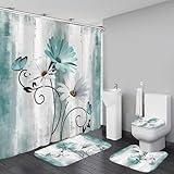 AZHM Rustic Farmhouse Shower Curtain Set 4pcs Farm Teal Daisy Floral Bathroom Decor Set with Shower Curtain and Rugs and Accessories