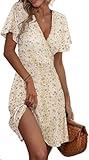 ETCYY NEW Womens Summer Dresses Slant Open V Neck Floral Printed Sundresses Flowy Dress Short Sleeve