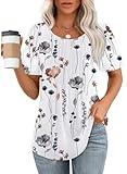 Plus Size Shirts for Women Summer Floral Short Sleeve Boho Tops Loose Fit Pleated Front Business Casual Blouses Dressy 3XL