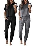 Ekouaer 2 pack Pajama Sets for Womens Jogger Pants Pjs Short Sleeves Lounge Set Soft Sleepwear with Pockets Black and Dark Grey L