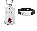 LF Stainless Steel Type 1 Diabetic Medical Alert Dog Tag ID Pendant Caduceus necklace Set Adjustable Silicone Rubber Chain Medical ID Health Alert Monitoring Systems Jewelry Sets for Men Women