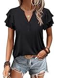 ANRABESS Womens Tops Dressy Casual Ruffle Short Sleeve V Neck Blouses Summer Button Down Business Work Elegant Shirts Black Medium