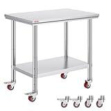 Vevor Mophorn Stainless Steel Work Table 36x24 Inch with 4 Wheels, Casters Heavy Duty Food Prep Worktable for Commercial Kitchen Restaurant, Silver