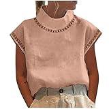 Womens Tops Dressy Casual Cotton Linen Tops for Women 2024 Casual Cap Sleeve Summer Shirts Loose High Neck Tshirt Dressy Casual Blouses Western Tops for Women Pink 2X