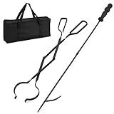 Heavy Duty 32 inch Long Campfire Bonfire Poker Stick 25 Inch Fireplace Tong with Travel Bag, Fire Pit Wood Stove Accessories Tools Log Grabber, Rust Resistant, Black Finish for Indoor and Outdoor use