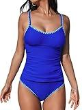 CUPSHE Women's Tankini Sets Two Piece Swimsuit Scoop Neck Mid Rise Adjustable Straps Shell Stitched, M Royal Blue