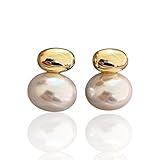 Elegant Pearl Drop Earrings, Gold-Tone Oval Accent, White Pearl Stud, Summer Minimalist Classy Earrings