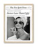 iHery Small Natural OAK Wood Hepburn Newspaper Trendy Framed Wall Art, 8X10 in Vintage Canvas Print, Beige Logs Retro Bathroom Art, Better Late Than Ugly, Set of 1 Apartment Girly Dorm Room