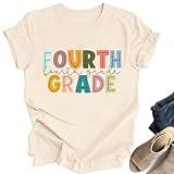 OCURHU 4th Grade Teacher Shirts for Women Teacher Fourth Grade Letter Print Tee Back to School T-Shirts Apricot-4 M