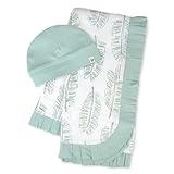 HonestBaby Knit Stroller Blanket with Trim Detail and Baby Hat 100% Organic Cotton for Infant Boys, Girls, Jumbo Leaf Sage (2-Pack), One Size