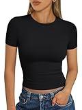 Trendy Queen Womens Basic T Shirts Summer Tops 2025 Short Sleeve Crop Tops Slim Fit Gym Workout Y2k Clothes Black S